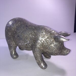 Vintage Pewter Silver Scrolled Pig 9” Long 3.5 Wide 5.5 Tall